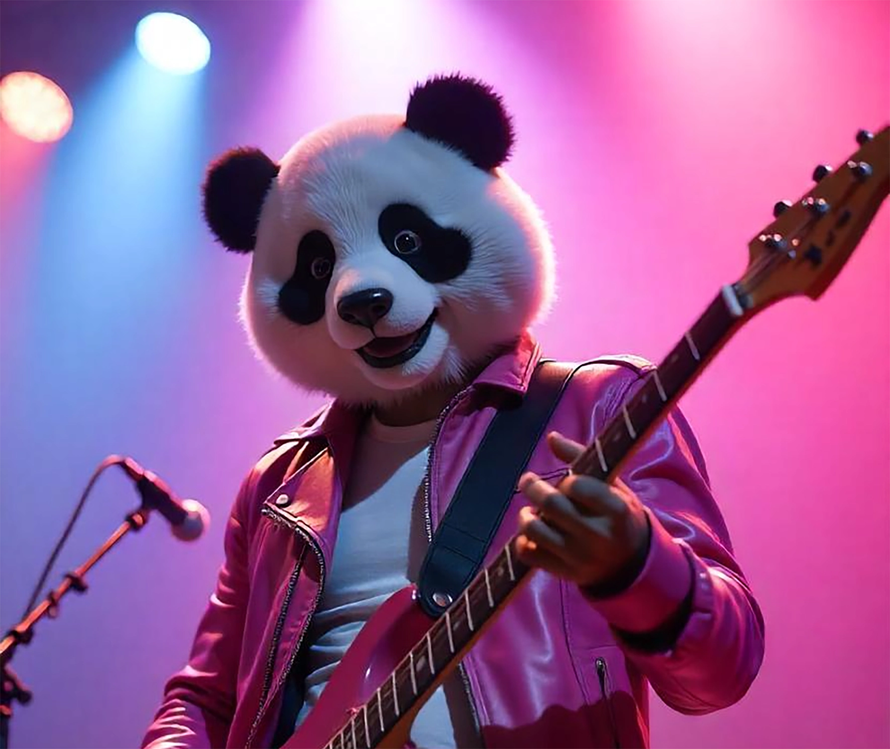 Person in einem Panda-Kostüm mit pinker Lederjacke spielt E-Gitarre.